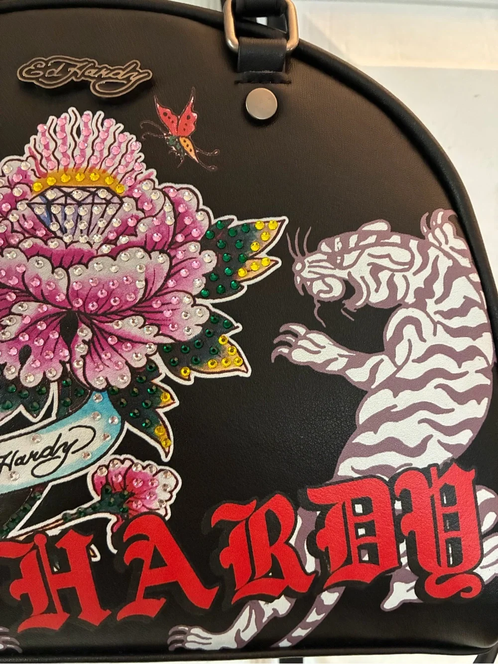 Ed Hardy Black Dome Satchel Tiger & Floral Tattoo Print Bowler Bag Y2K
